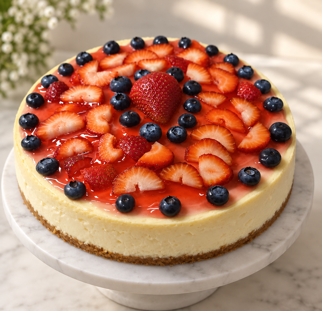 A handmade berry cheesecake with a creamy filling, strawberries, and blueberries